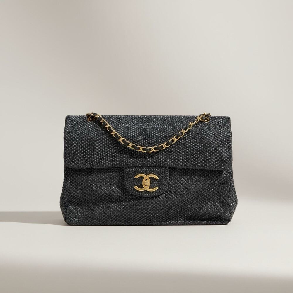 Chanel XXL Jumbo Flap Black Crystal Studded CC Bag Gold HW Rare Statement - Picture 2 of 8